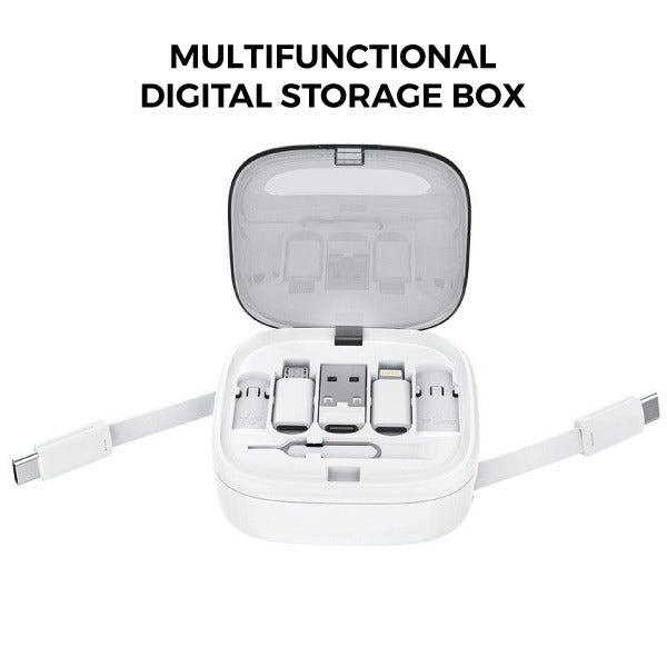 Multifunctional digital storage box with open lid showing electronic components on a white background.