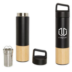 A black insulated stainless steel bottle with bamboo-covered bottom and a logo on the side, alongside a smaller metallic bottle with a lid.