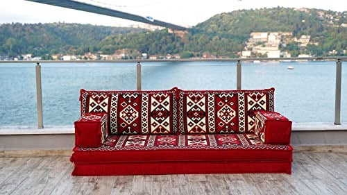 Red Moroccan Floor Seating Set – Arabic Majlis Cushion Sofa, 8" Thick Loveseat