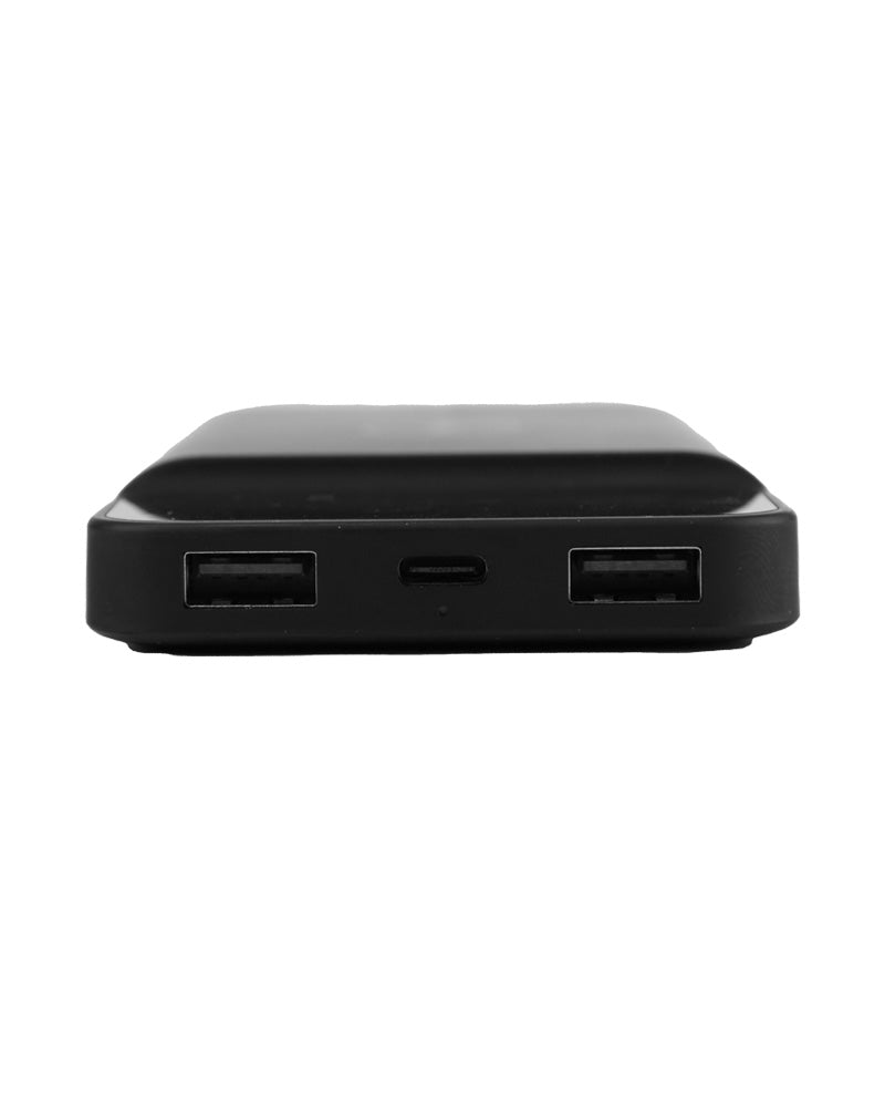 Black electronic device with multiple ports on a white background