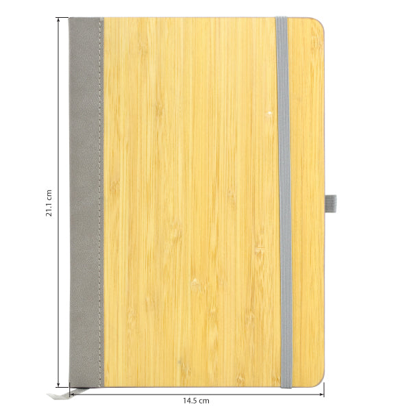 Wooden notebook with gray strap and dimensions on a white background