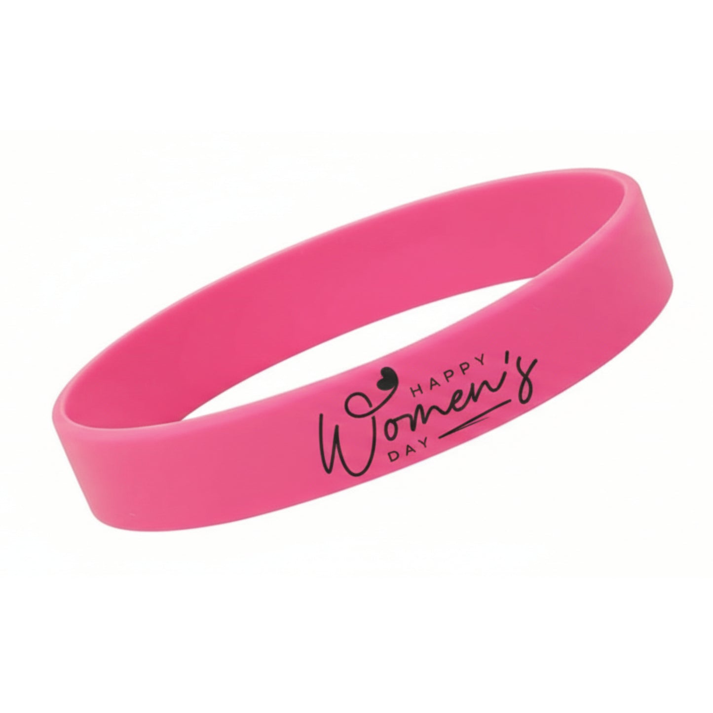 Pink wristband with 'Happy Women's Day' text on a white background