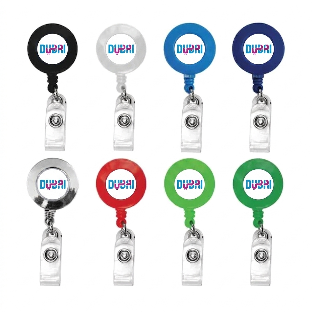 Set of eight reel badge holders with 'Dubai' branding in various colors on a white background.