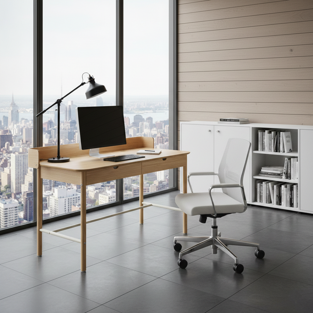 Modern office desk with chair and lamp in a room with large windows overlooking a cityscape.