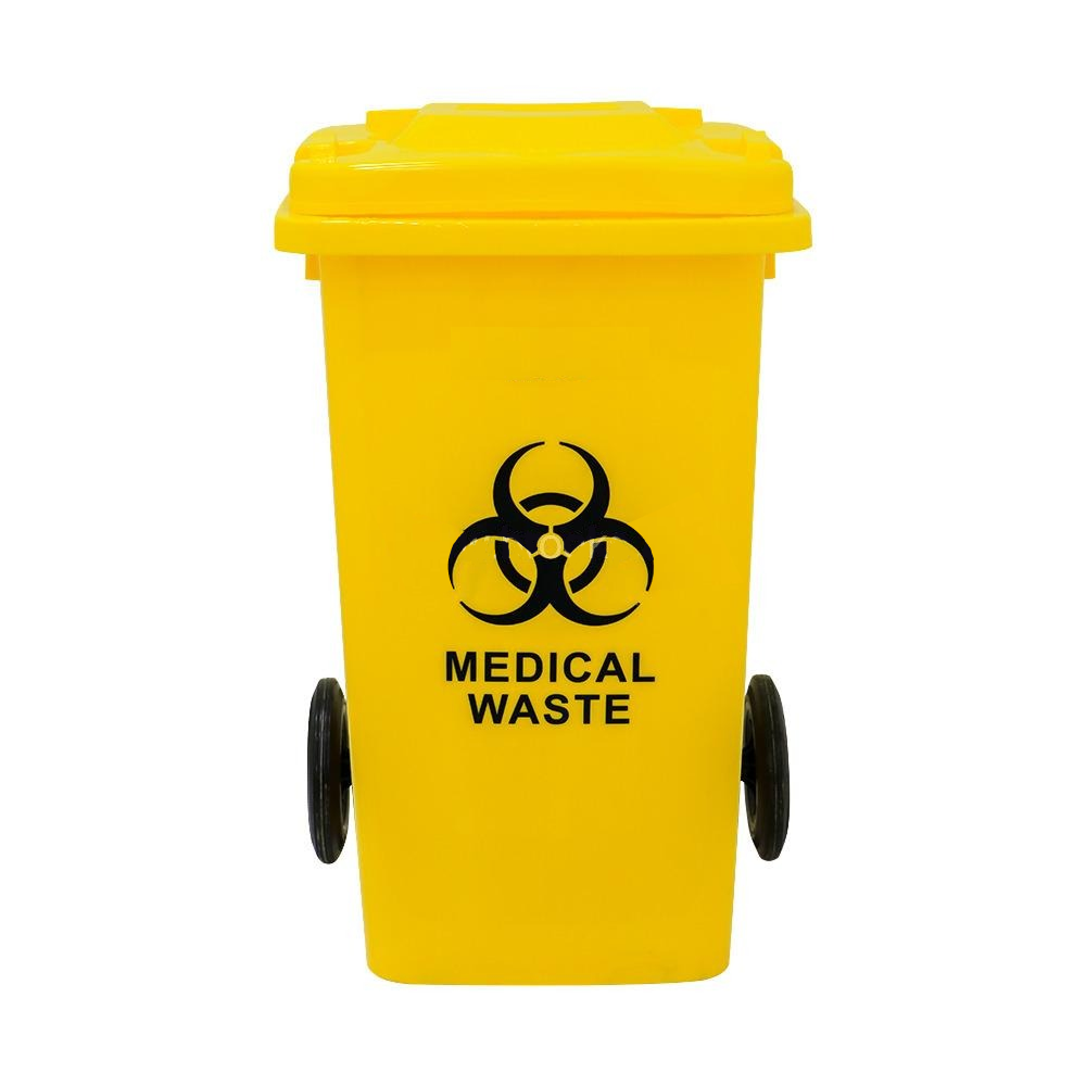 Yellow trash bin with biohazard symbol and 'Medical Waste' text on a white background