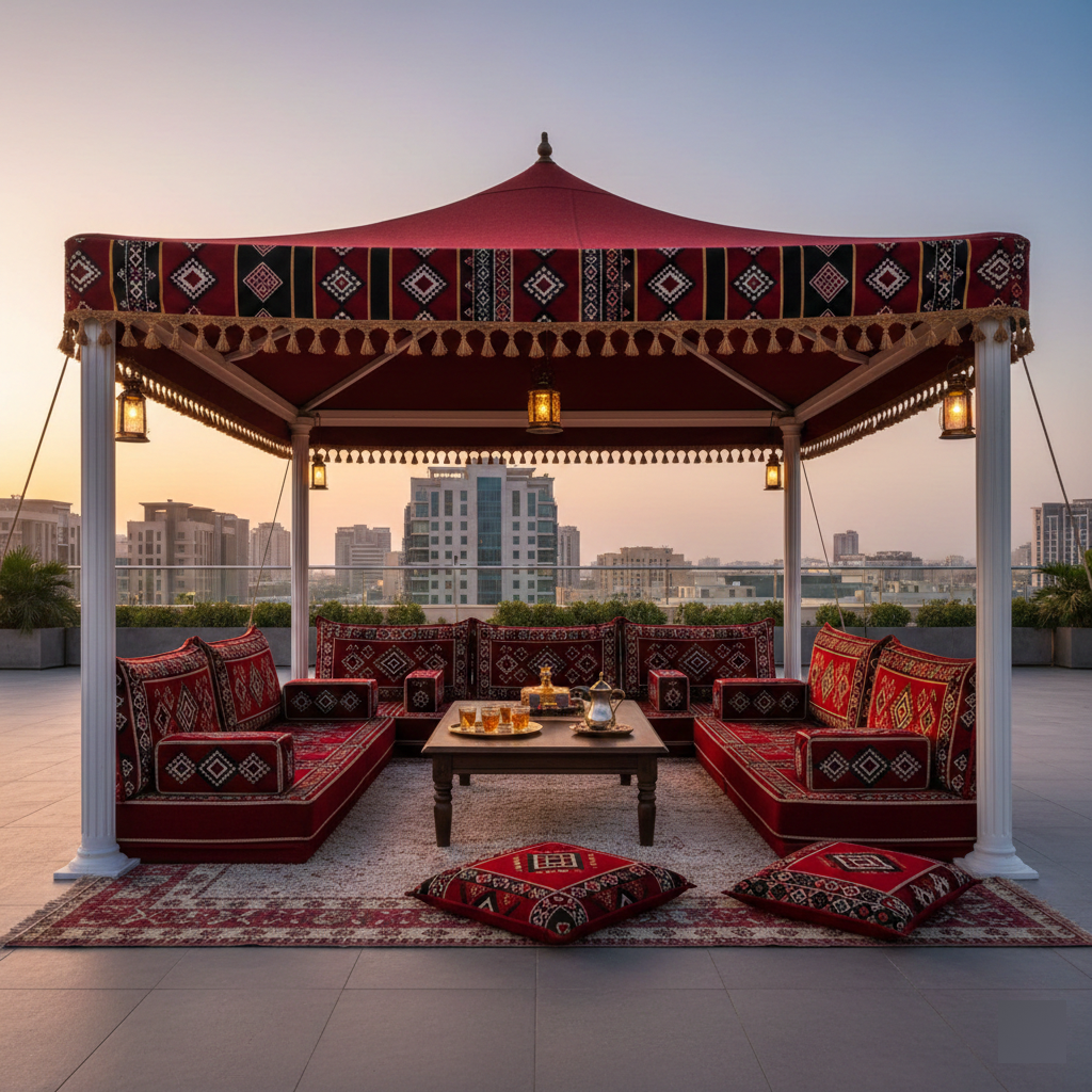 Outdoor Arabic Majlis Tent Set – 3m x 4.3m Steel Frame with Complete Seating & Décor