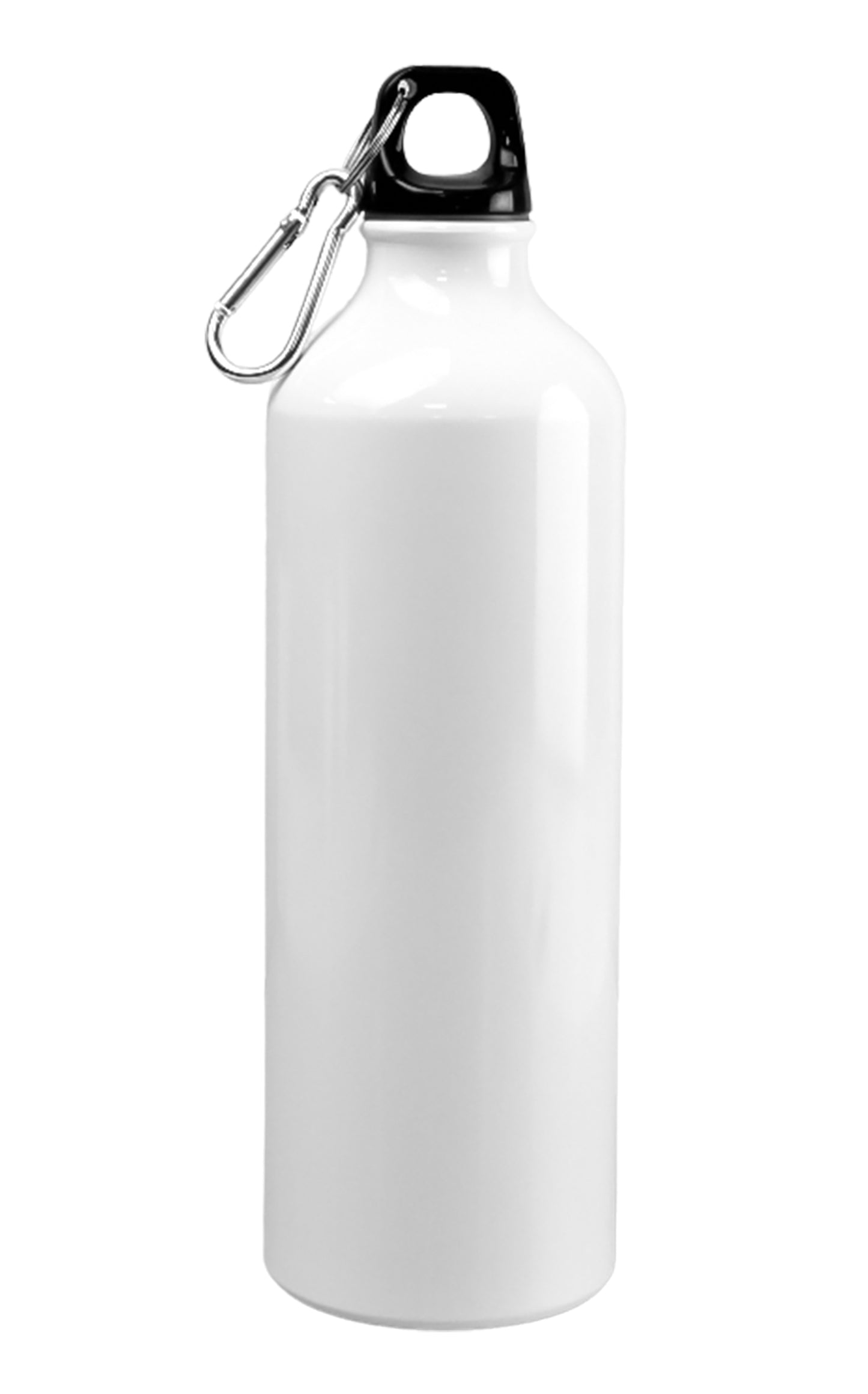 White water bottle with a black cap and carabiner on a white background