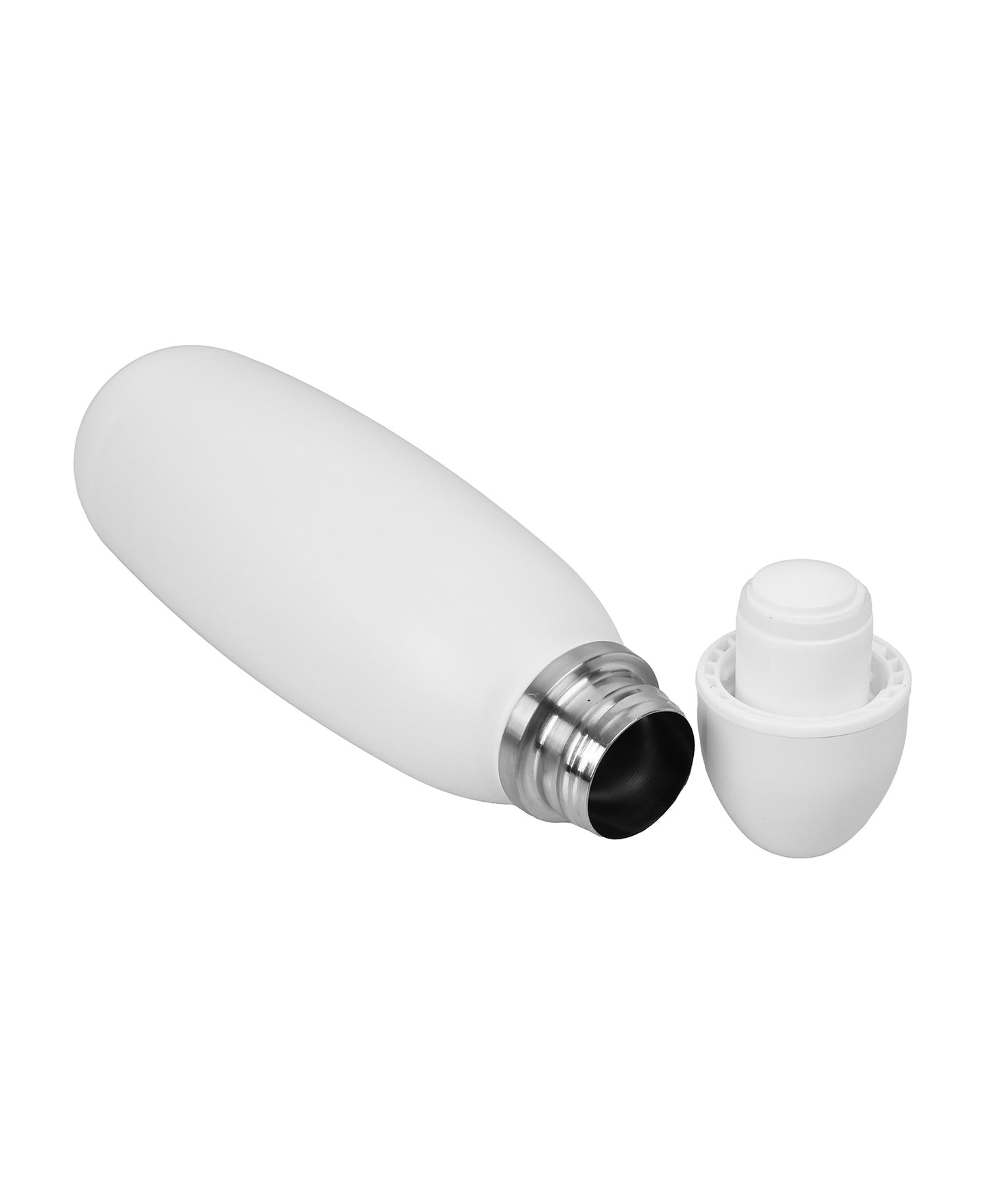 White thermos bottle with silver cap on a white background