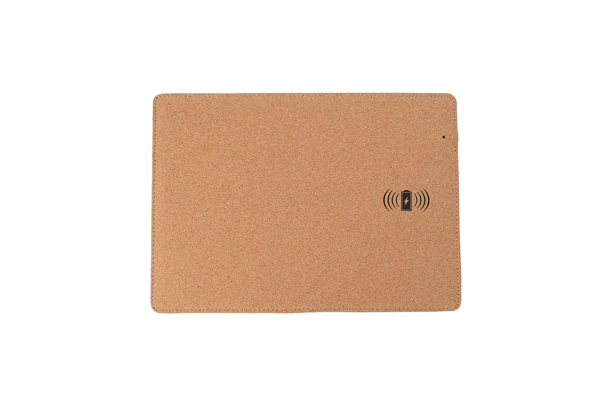 A khaki cork mousepad with a built-in wireless charger symbol in the bottom right corner.