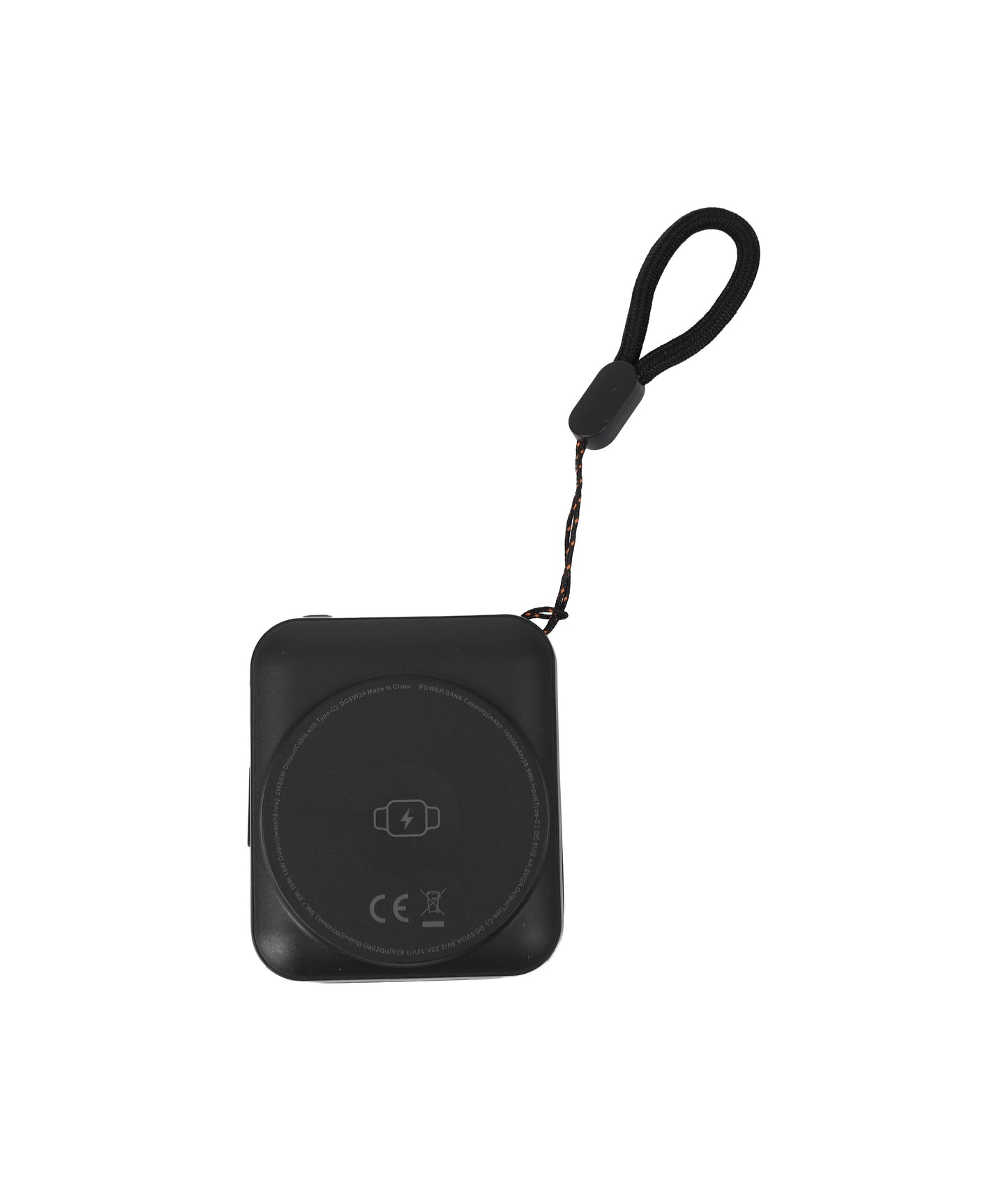 Black portable device with a lanyard on a white background