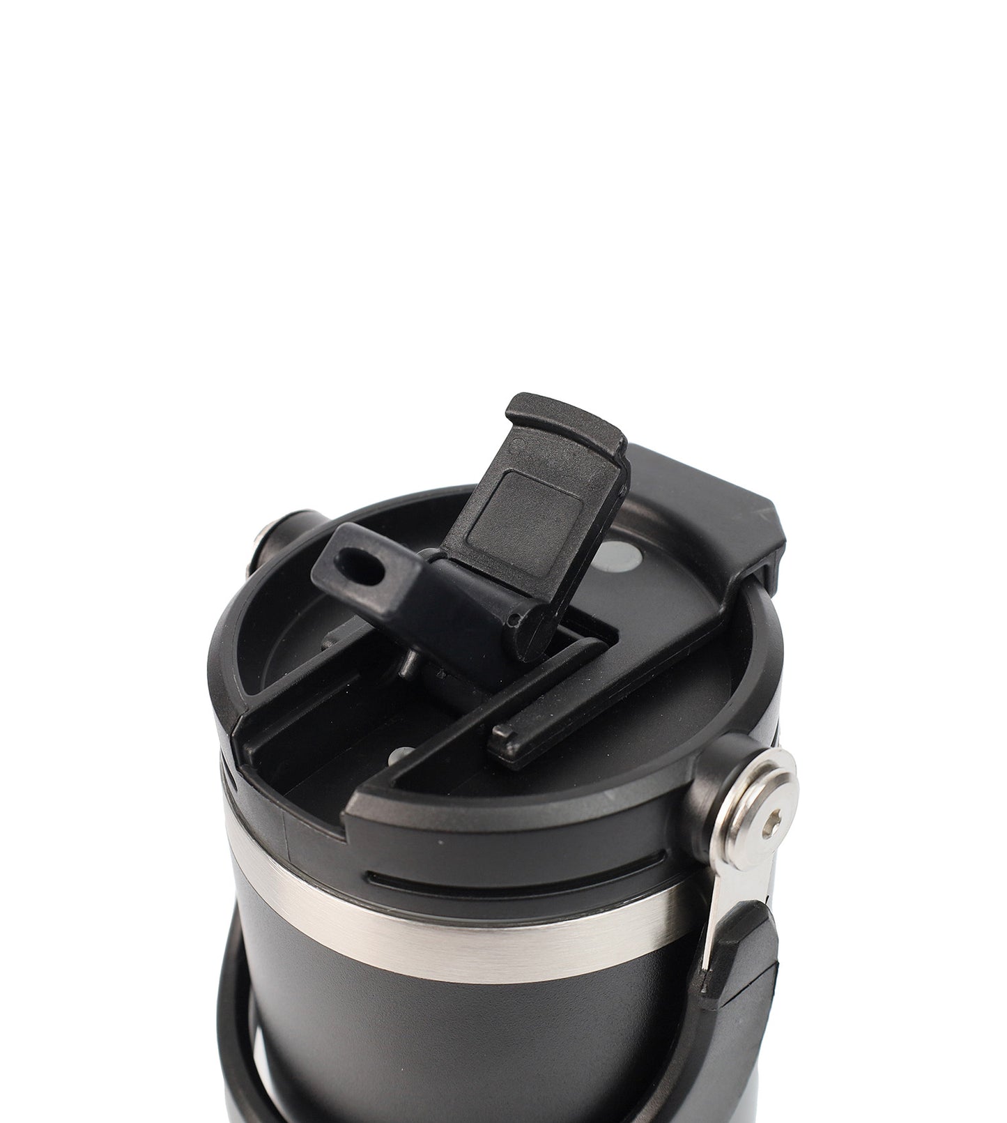 Black and silver travel mug with a lid on a white background