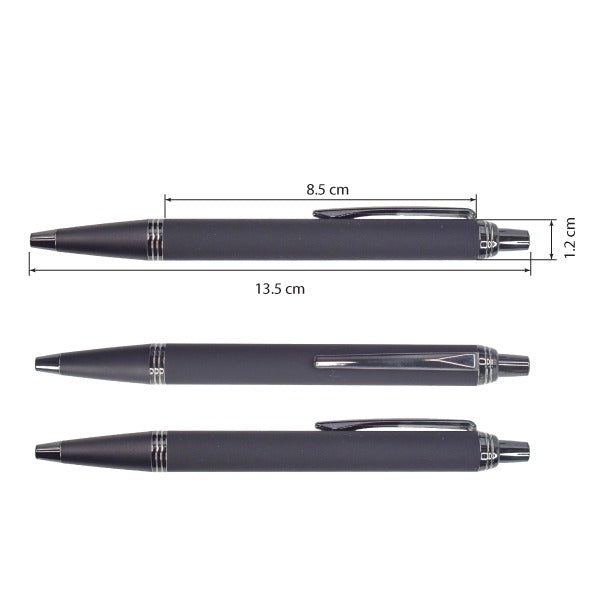Black pen with measurements on a white background