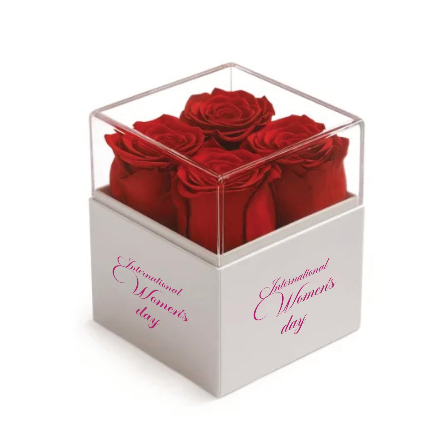 Clear box with red roses and 'International Women's Day' text on a white background
