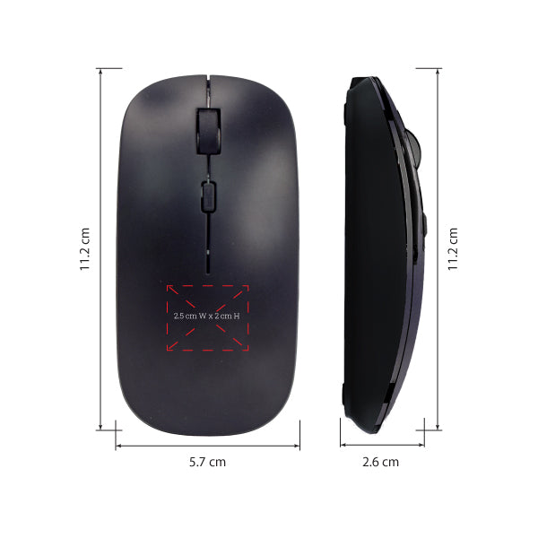 Black computer mouse with dimensions indicated on a white background