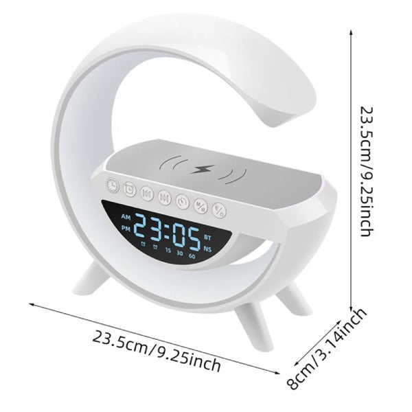 White alarm clock with digital display and dimensions on a white background