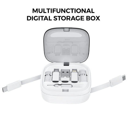 Multifunctional digital storage box with open lid showing electronic components on a white background.