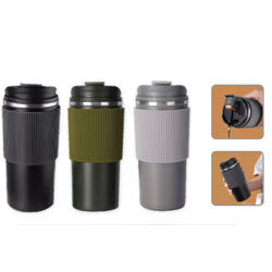 A set of double wall tumblers with silicone grips, available in black, green, and gray colors, displayed from different angles.