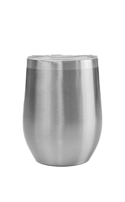 Stainless steel tumbler on a white background