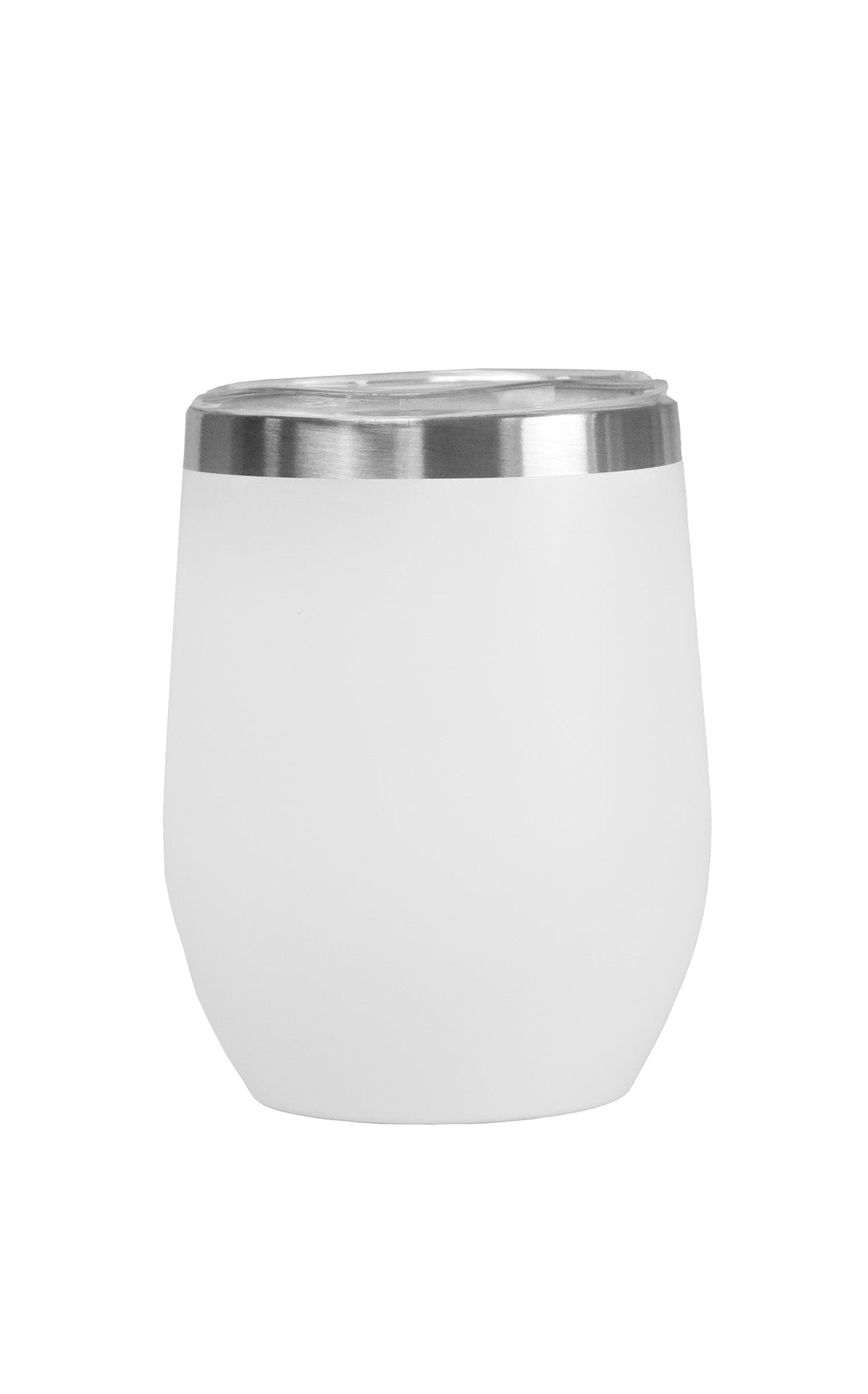 White tumbler with a silver rim on a white background