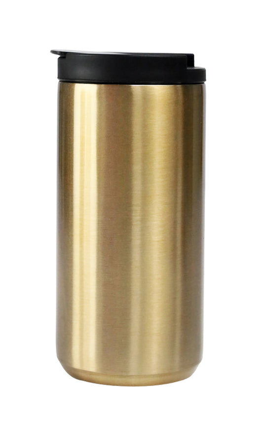 Gold travel mug with black lid on a white background
