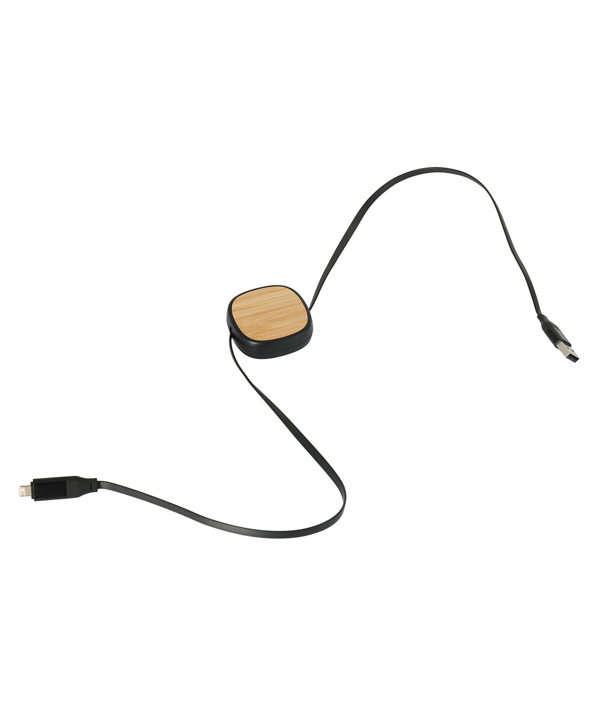 A black charging cable with a bamboo housing for the connector, featuring USB-A and Type-C interfaces.