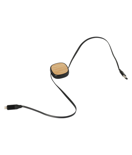 A black charging cable with a bamboo housing for the connector, featuring USB-A and Type-C interfaces.