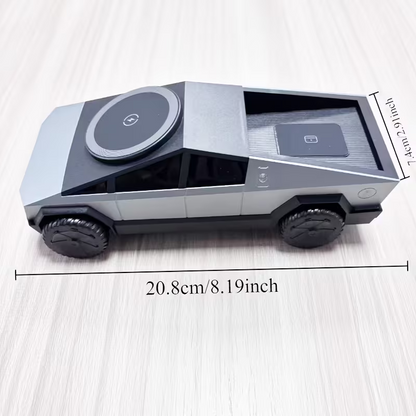 Small vehicle model with dimensions indicated on a light wooden surface