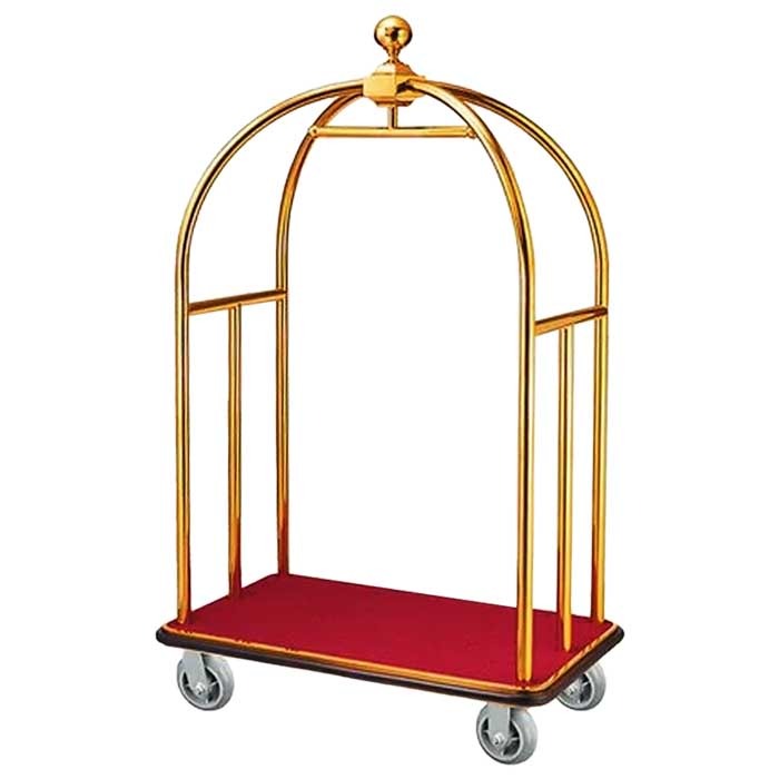 Gold luggage cart with a red shelf on a white background