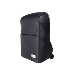 A black polyester laptop backpack with a minimal panel design, featuring adjustable padded shoulder straps, a padded compartment for a 15.6″ laptop, a USB port on the side, and a front pocket.