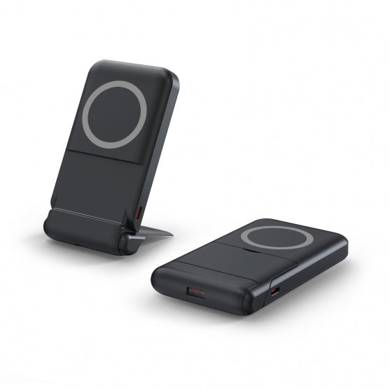 Black wireless charging stand and pad on a white background