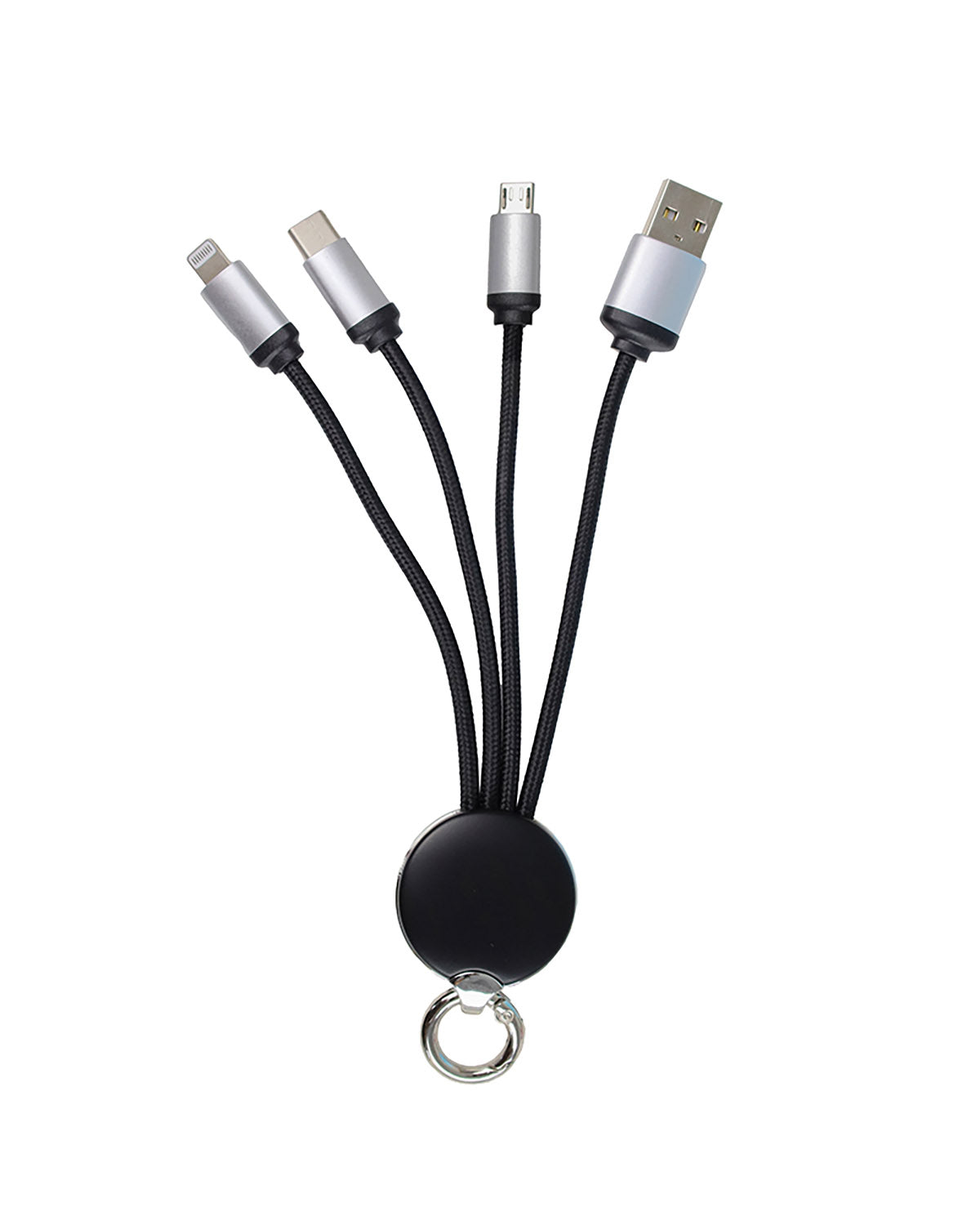A 4-in-1 LED charging cable with a white LED on the micro-USB connector, featuring a USB-C, micro-USB, and Lightning connectors in black color.