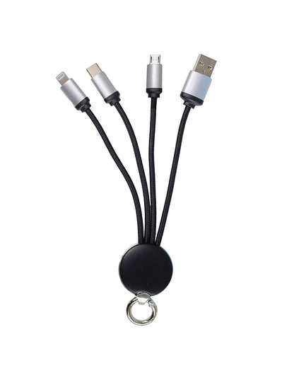 A 4-in-1 LED charging cable with a white LED on the micro-USB connector, featuring a USB-C, micro-USB, and Lightning connectors in black color.