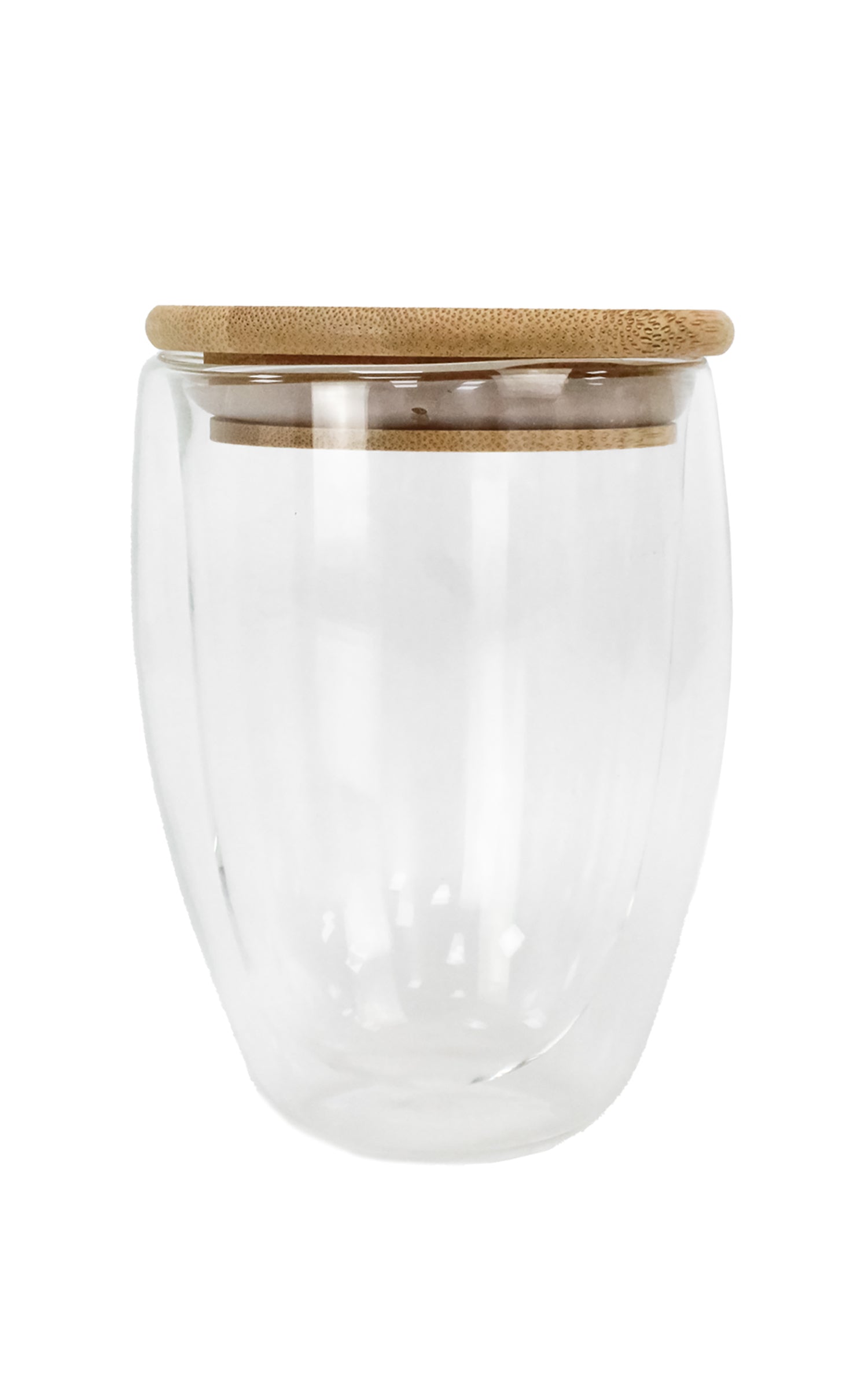 A double-walled borosilicate glass tea cup with a bamboo lid and a silicone gasket.