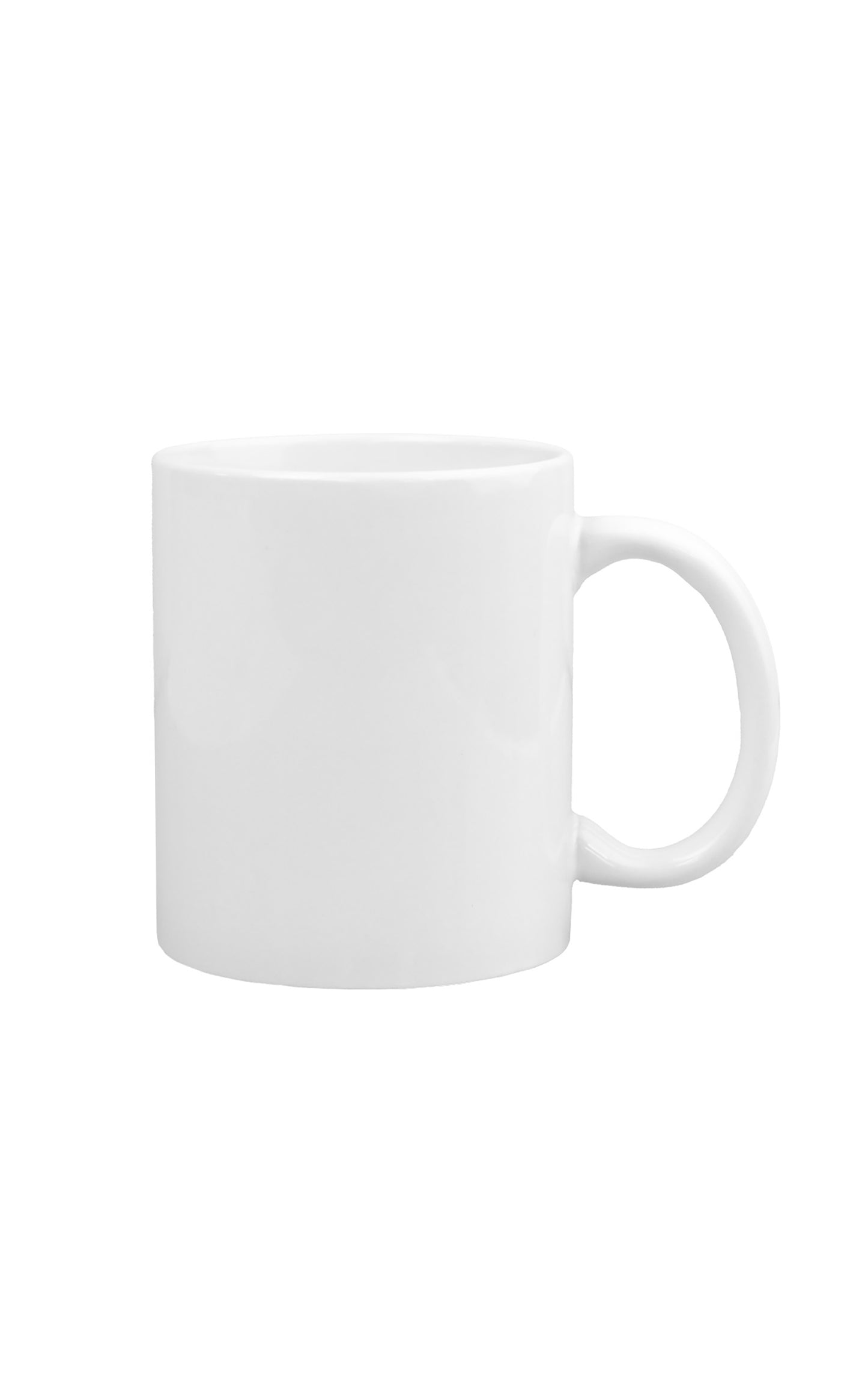 A white ceramic mug with a handle and a wide base, isolated on a white background.