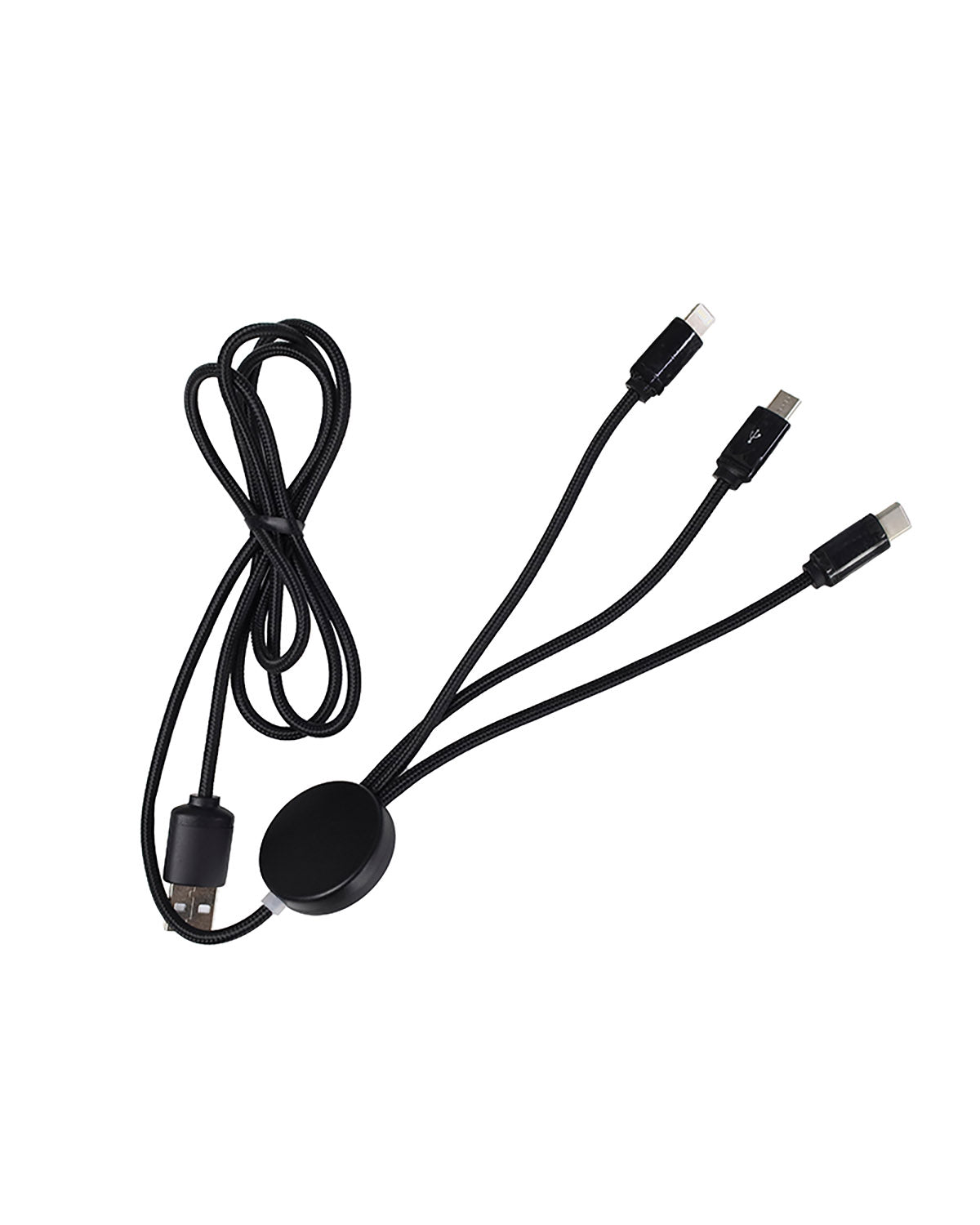 A black 4-in-1 charging cable with a round white LED illuminated connector, and multiple ends for iPhone, micro-USB, and USB-C.