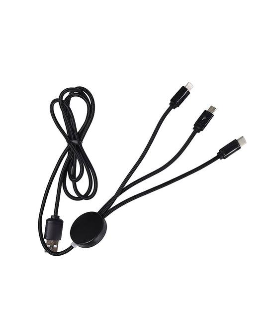 A black 4-in-1 charging cable with a round white LED illuminated connector, and multiple ends for iPhone, micro-USB, and USB-C.
