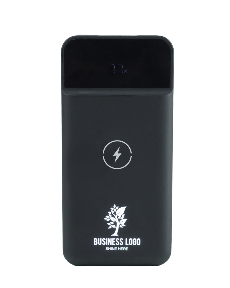 Black power bank with a white logo and text on a white background