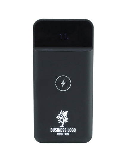 Black power bank with a white logo and text on a white background