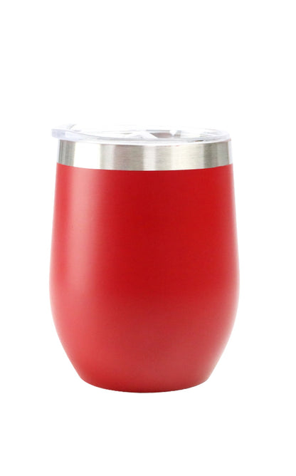 Red insulated tumbler with silver lid on a white background