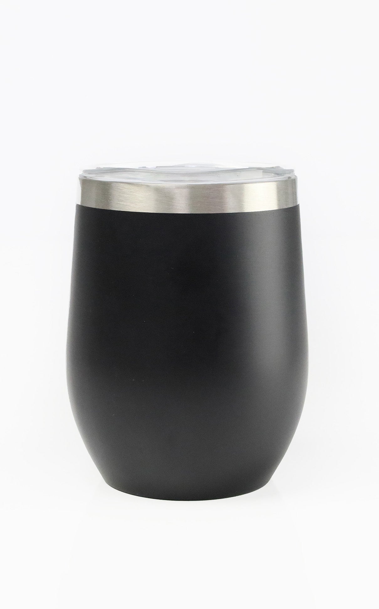 Black insulated tumbler with silver lid on a white background