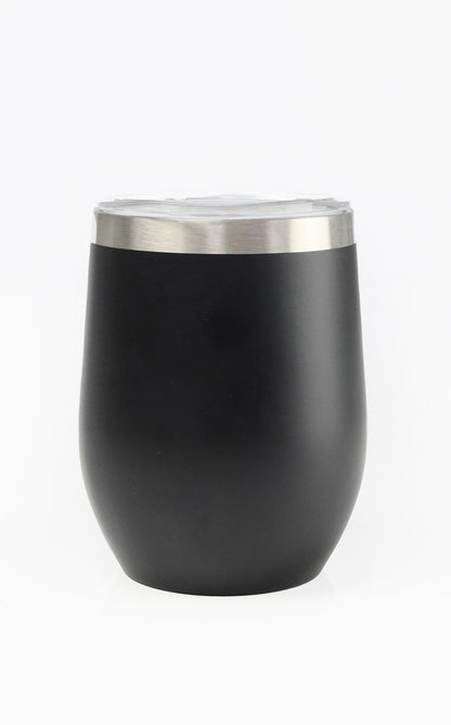 Black insulated tumbler with silver lid on a white background