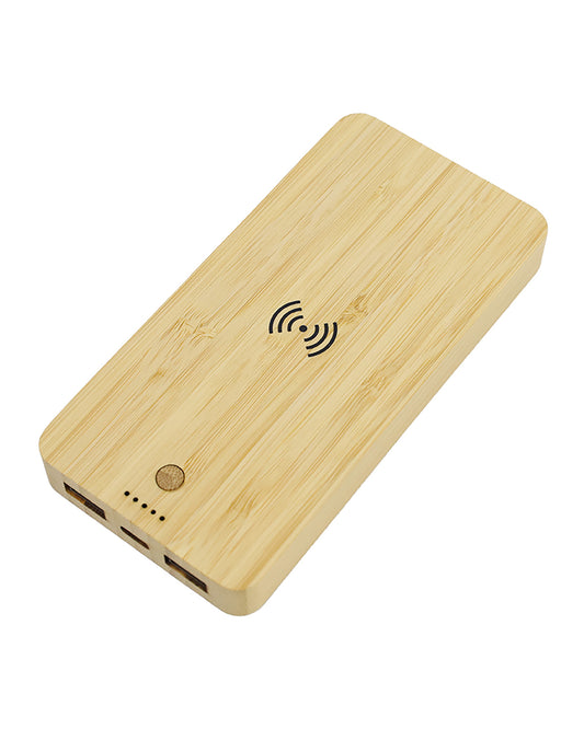 A bamboo power bank with a wireless charging symbol on the top and indicator lights at the bottom.