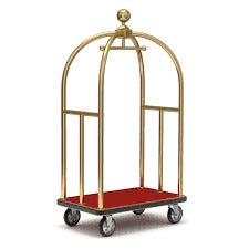 Gold luggage cart with a red interior on a white background