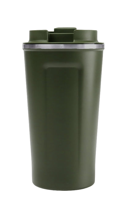 Green tumbler with a black lid on a white background