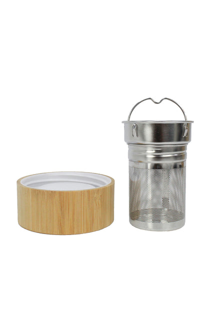 Bamboo container with a metal mesh filter on a white background