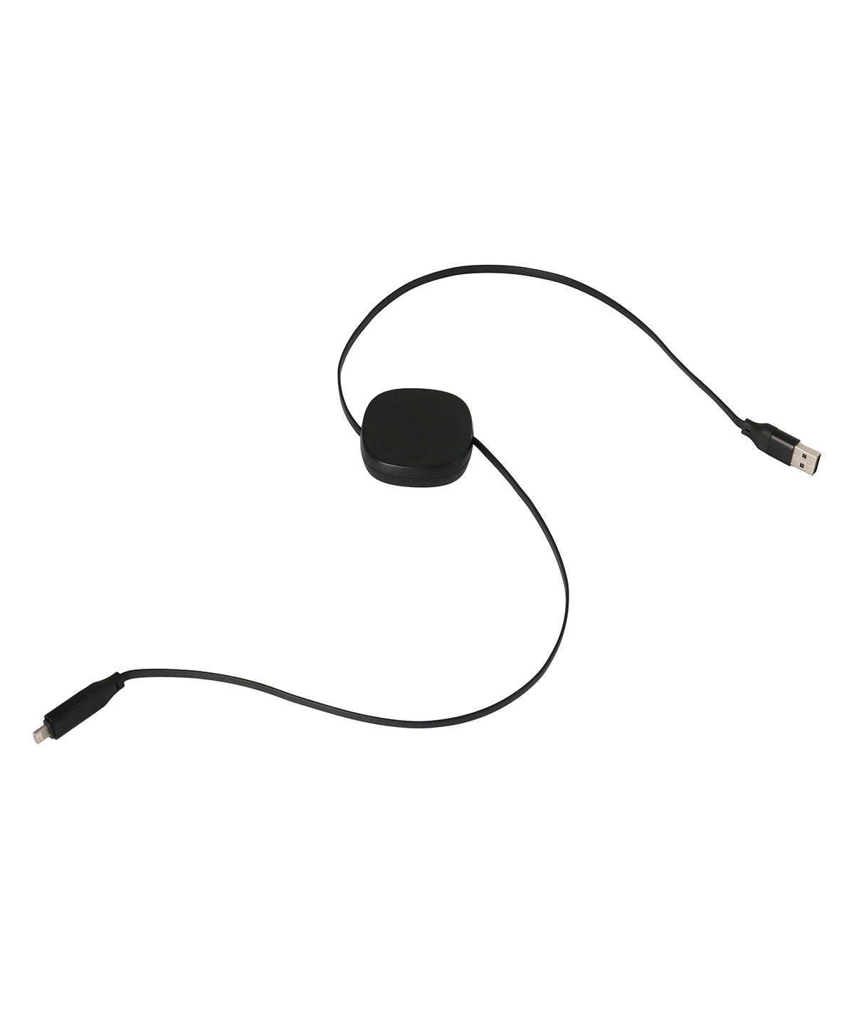 Black USB cable with a small round device on a white background