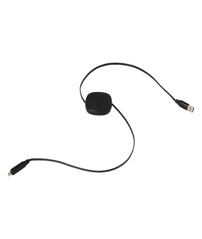 Black USB cable with a small round device on a white background