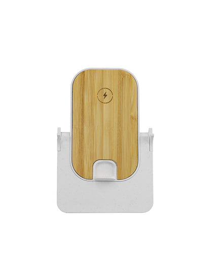 Phone stand with wooden top and white base on a white background