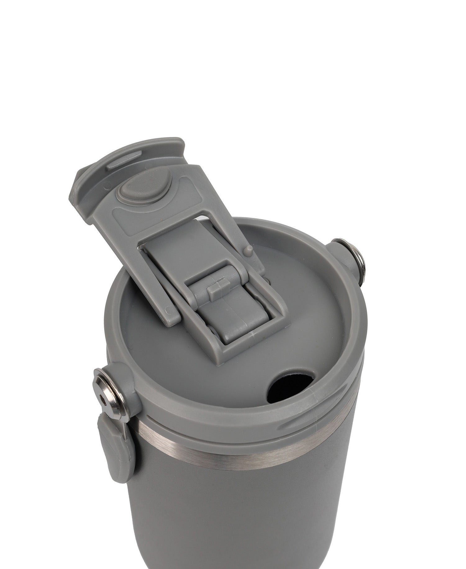 Gray insulated tumbler with a clip on lid on a white background