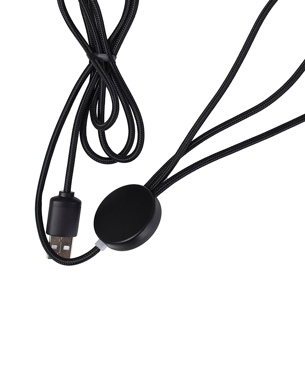 Black USB cable with a round connector on a white background